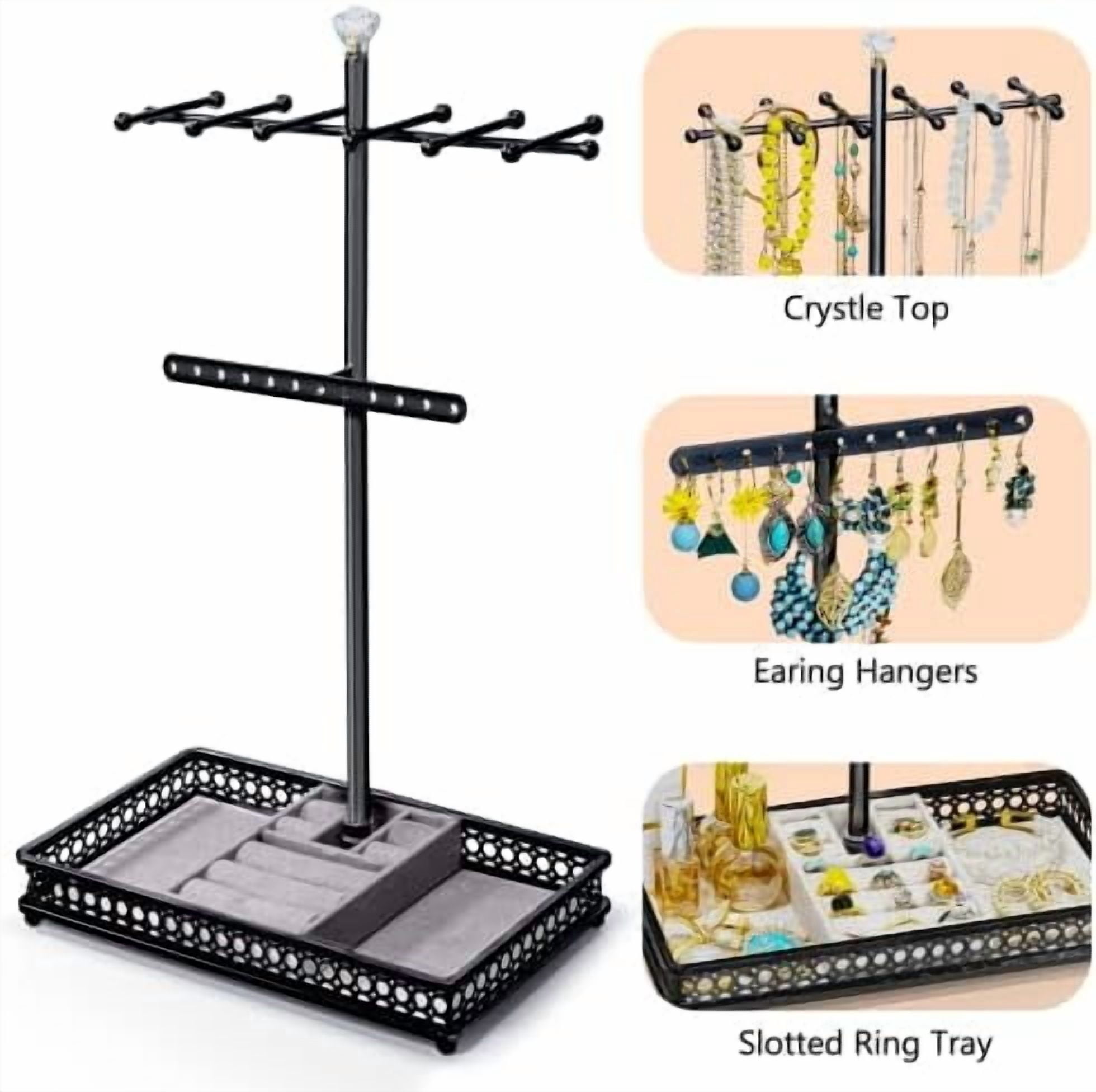 Jewelry Tree Stand Organizer 3in1 Necklace Organizer Display Bracelet Earrings and Ring Tray Jewelry Holder Hanger Metal（Black）