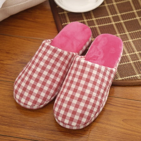 

Couples Women Slip On Furry Plush Flat Home Winter Round Toe Keep Warm Lattice Print Slippers Shoes Pink 7