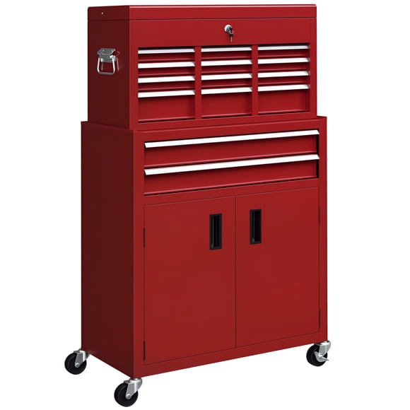 HOMCOM 2 in 1 Top Chest Rolling Tool Storage Box with 6 Drawers, Red
