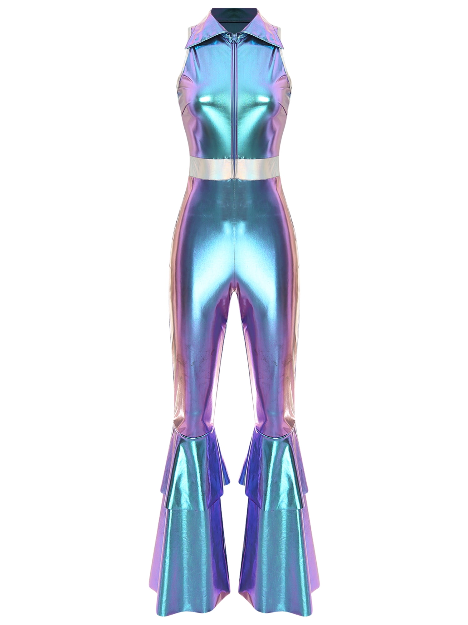 iixpin 70s Costume Outfit for Women Lapel Sleeveless Disco Jumpsuit Holographic Shiny Disco Costume Blue XXL