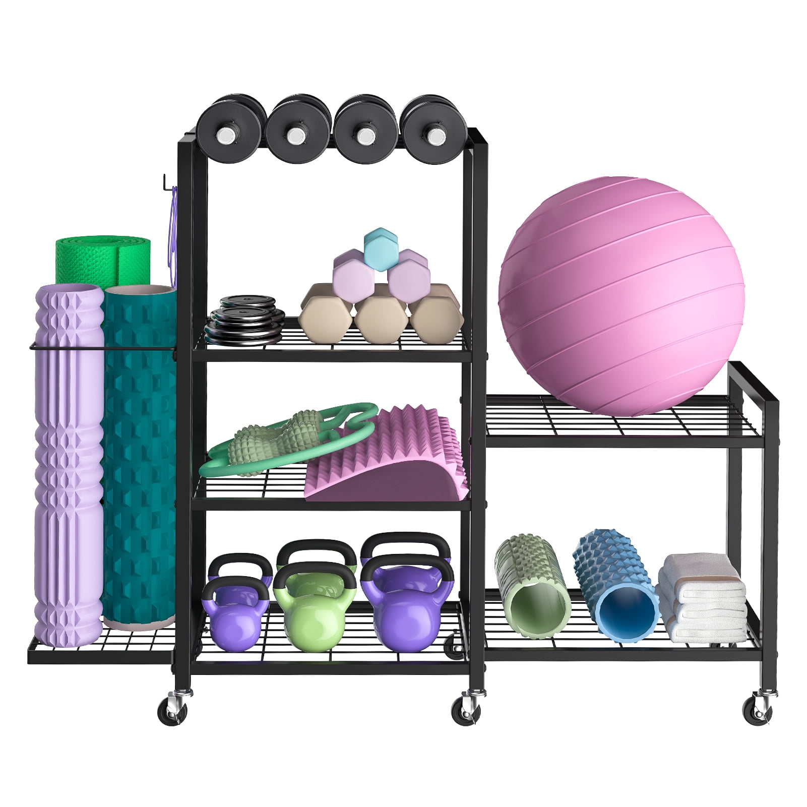 Home Gym Storage, Rack with Wheels, Adjustable Dumbbell Storage Yoga Mat Organizer, Multi-Purpose Fitness Equipment Stand