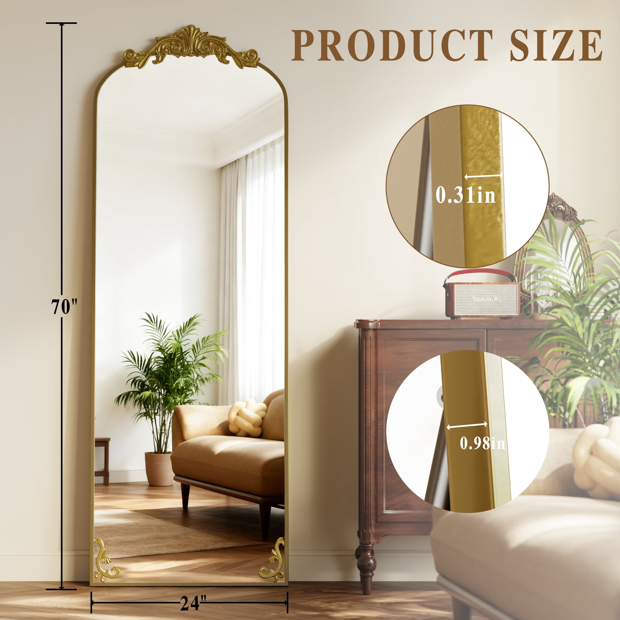 AUROMIR 70"x 24" Arched Full Length Mirror Vintage Floor Mirror with Carved Metal Frame, Gold