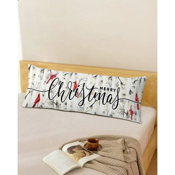 Christmas Throw Pillow Cover,Winter Tree Xmas Bird Watercolor Painting Rectangle Decorative Pillow Case Protector Soft Cushion Cover Lumbar Pillowcase for Couch Sofa Bedroom Car Chair Decor 20x54 In