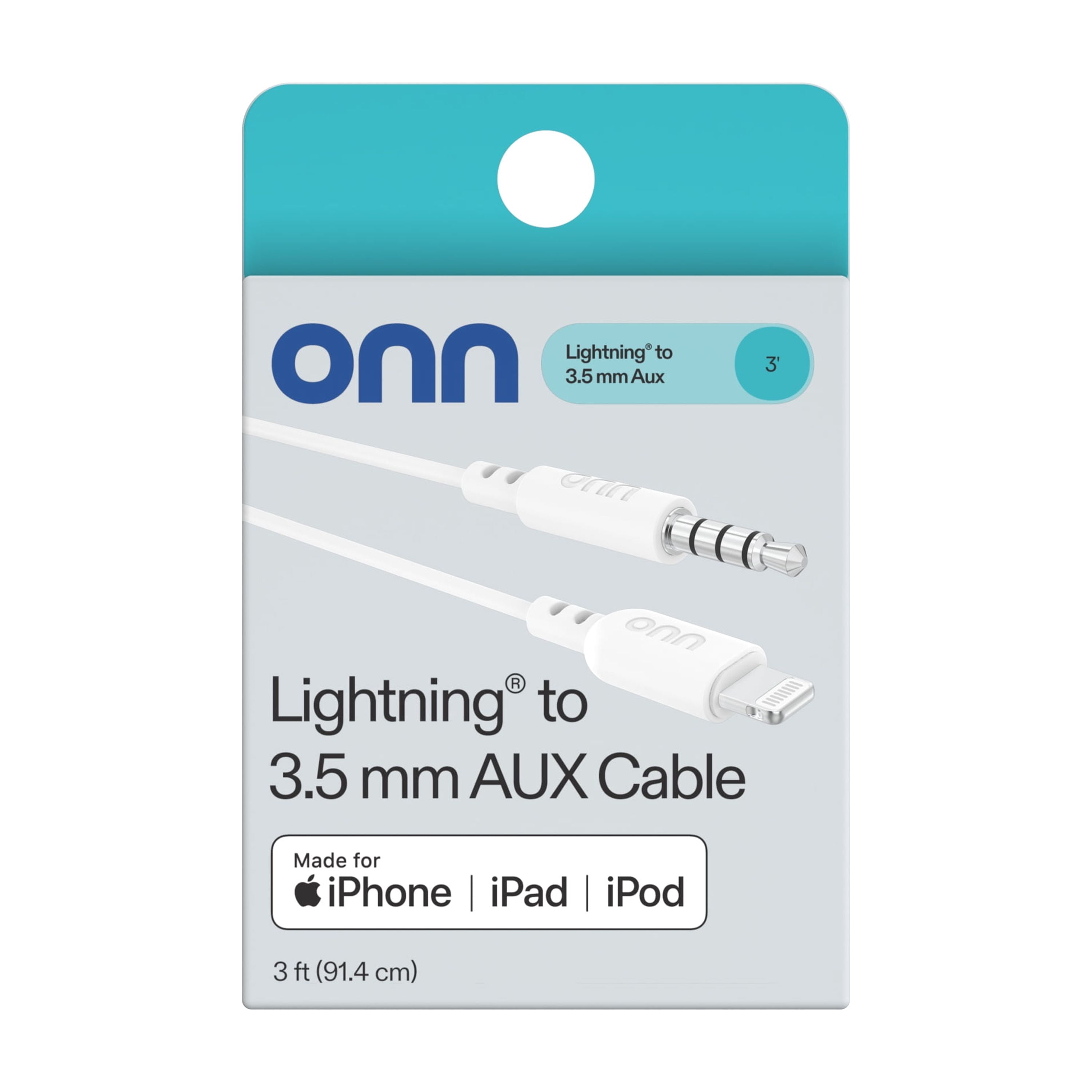 (2 pack) onn 3' Lightning to 3.5 mm Audio AUX Cable for iPhone iPad