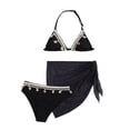 thumbnail image 6 of Pandaie Girls 3 Piece Bikini Set Halter Triangle Top Ribbed Swimsuit Cover Up Skirt Cute Swimwear Teen Backless Beach Bathing Suit 7-8 Years Black, 6 of 7
