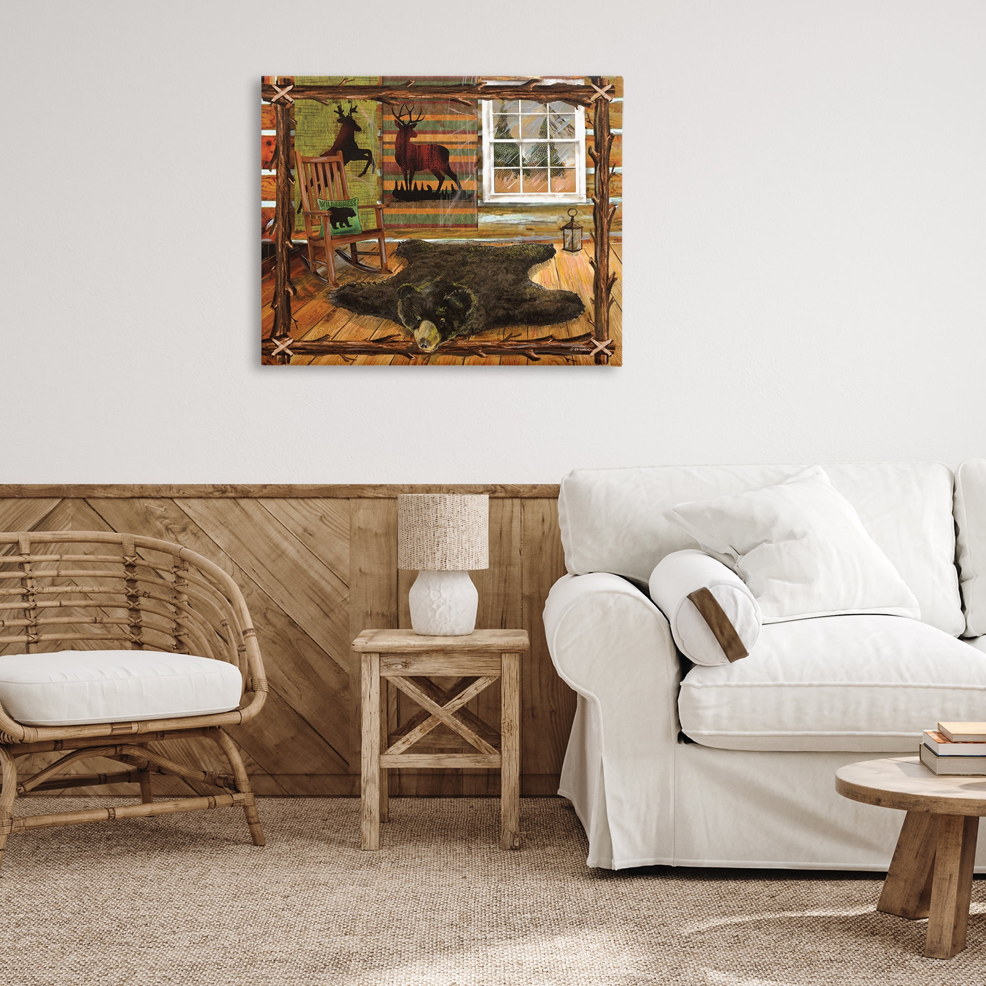 Stupell Industries Rustic Cabin with Border Animals & Insects Painting Gallery Wrapped Canvas Art Print Wall Art, 40 x 30