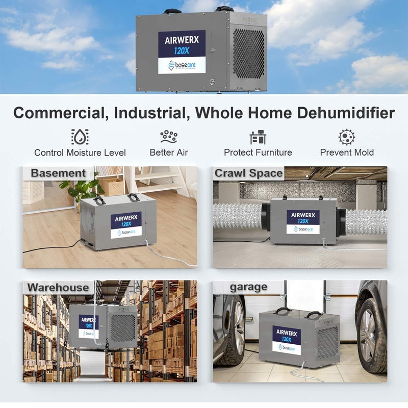 BASEAIRE 235 Pints Crawl Space Commercial Dehumidifier with Pump, Dehumidifier Whole Homes, Basements, up to 3,300 sq. ft. cETL, Water Damage Storage