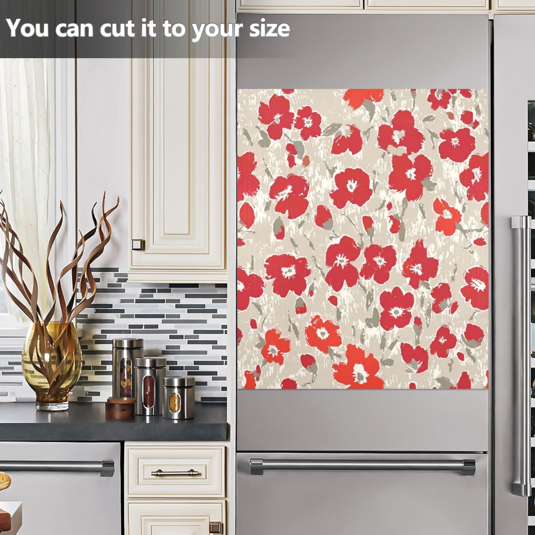 IAUYY Magnetic decorative sticker - 23x26 Inch PVC Refrigerator Decorative Cover, Removable DIY Art for Kitchen Appliances Large-scale Red Floral Design