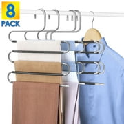 8 Pack Pants Hangers Space Saving Stainless Steel 5 Layers S-Shape Non-Slip Hangers for Multiple Pants, Silver