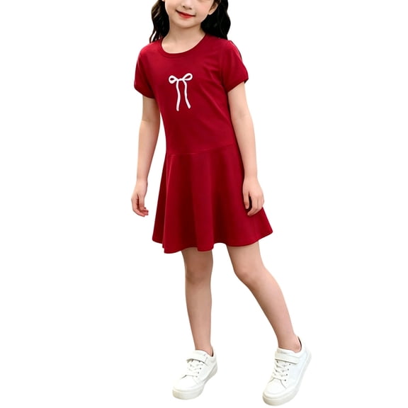 Amidoa Girls Summer Dresses Short Sleeve Bowknot A-Line Dresses Kids Casual Cotton Print Sundress Red Size 4T