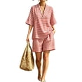 thumbnail image 2 of Karymi 2 Piece Sets for Women 2-Piece Striped Set, V-Neck Elbow Sleeve Loose Top + Elastic Waist Rolled Shorts, Casual Summer Loungewear & Beach Outfit Rompers for Women, 2 of 6