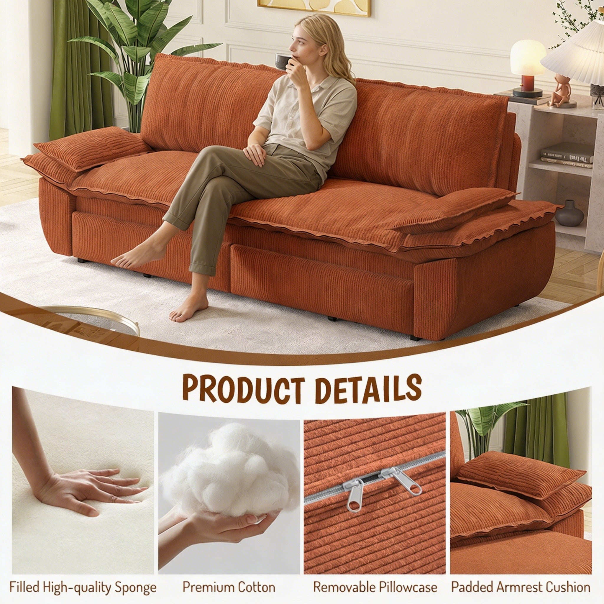 Multi-Functional Corduroy Convertible 3-in-1 Sofa Bed, Queen Size Loveseat Sleeper Couch, Orange