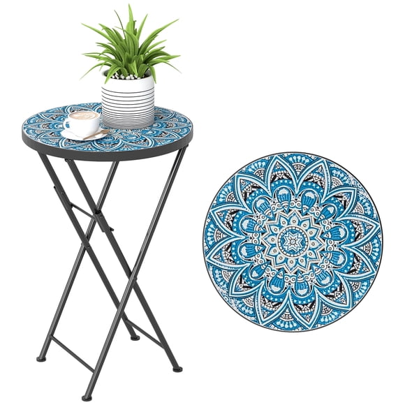 Outsunny Mosaic Patio Side Table, 14" Folding Balcony Table, Blue