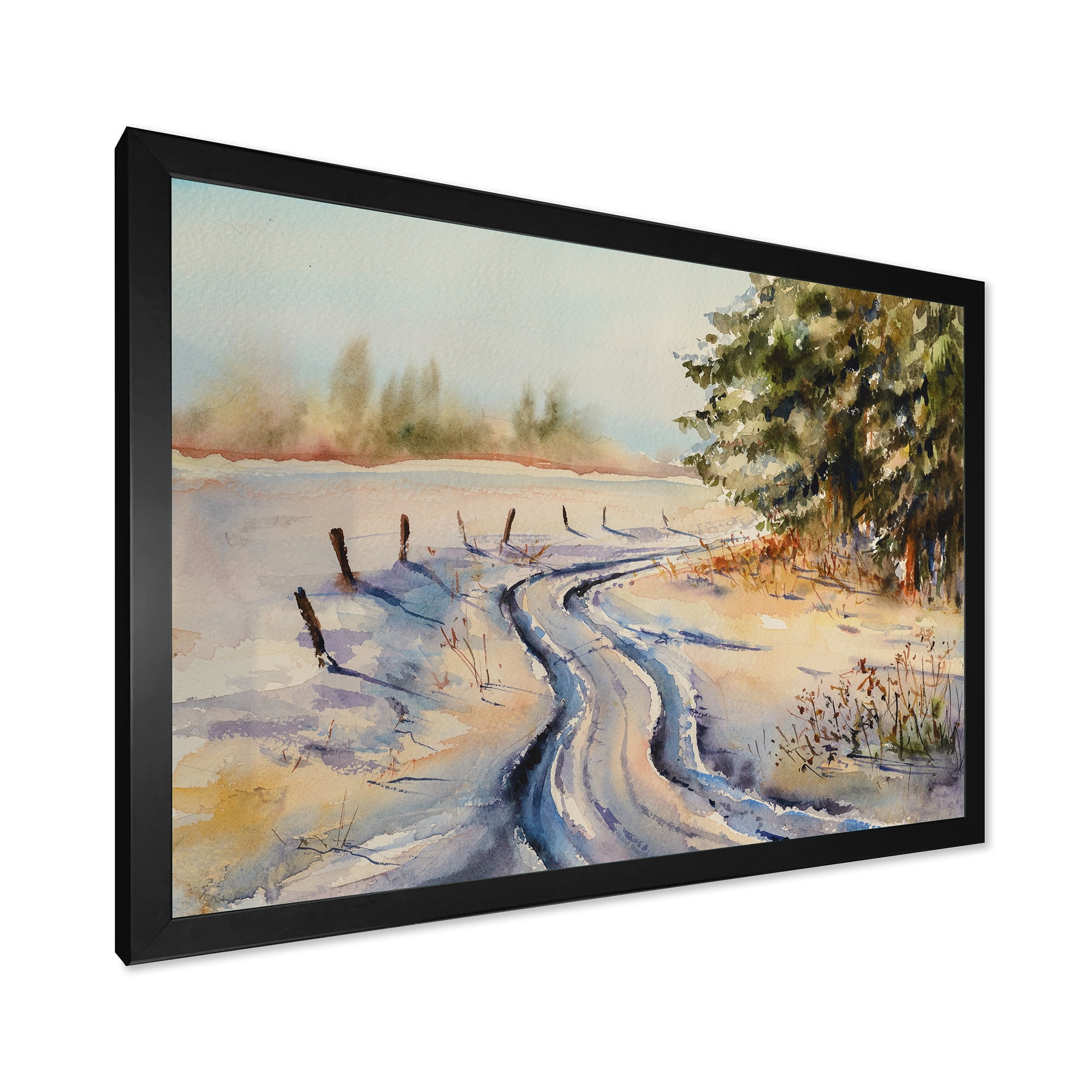 Designart 'Snowy Winter Forest Landscape Rural Road In Snow' Traditional Framed Art Print