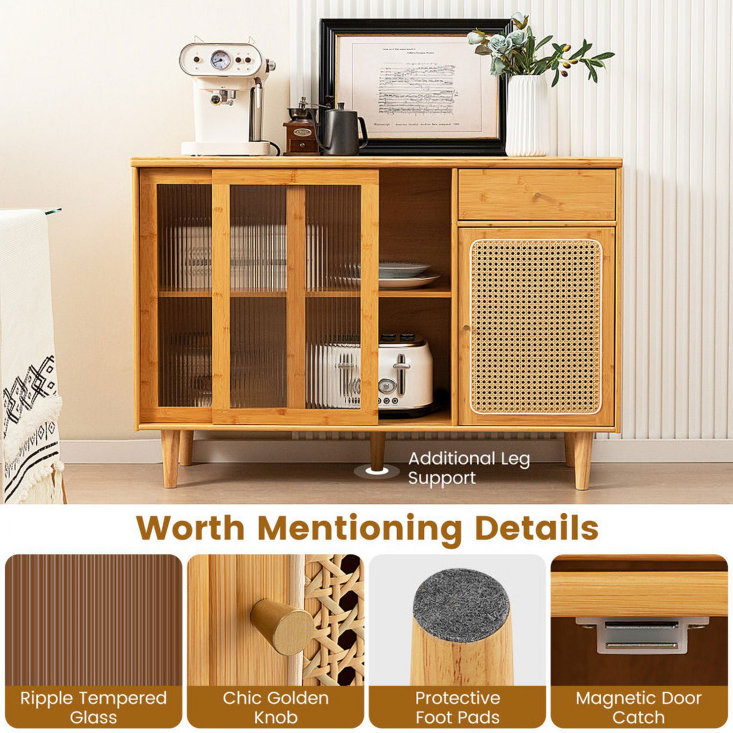 Finihen Kitchen Storage Cabinet, Buffet Sideboard, Modern Bamboo Buffet Sideboard Cabinet with Tempered Glass Sliding Doors, for Dining Room, Kitchen, Living Room, Natural Finihen Kitchen Storage Cabinet, Buffet Sideboard, Modern Bamboo Buffet Sideboard Cabinet with Tempered Glass Sliding Doors, for Dining Room, Kitchen, Living Room, Natural