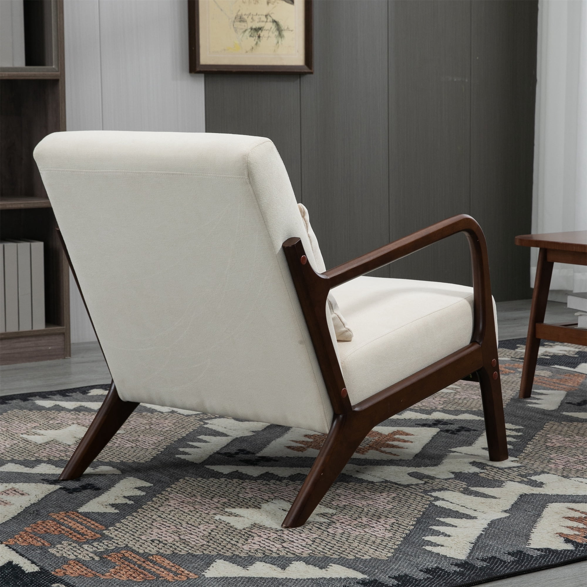 Aukfa Mid Century Modern Accent Chair w/ Lumbar Pillow for Living Room, Wood Frame, Velvet, Beige