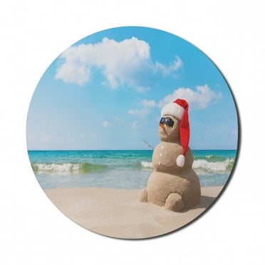 Christmas Mouse Pad for Computers, Sandman with Santa Hat Sunbath Foreground of Puffy Clouds Relax Tranquil Scene, Round Non-Slip Thick Rubber Modern Mousepad, 8" Round, Blue Cream, by Ambesonne