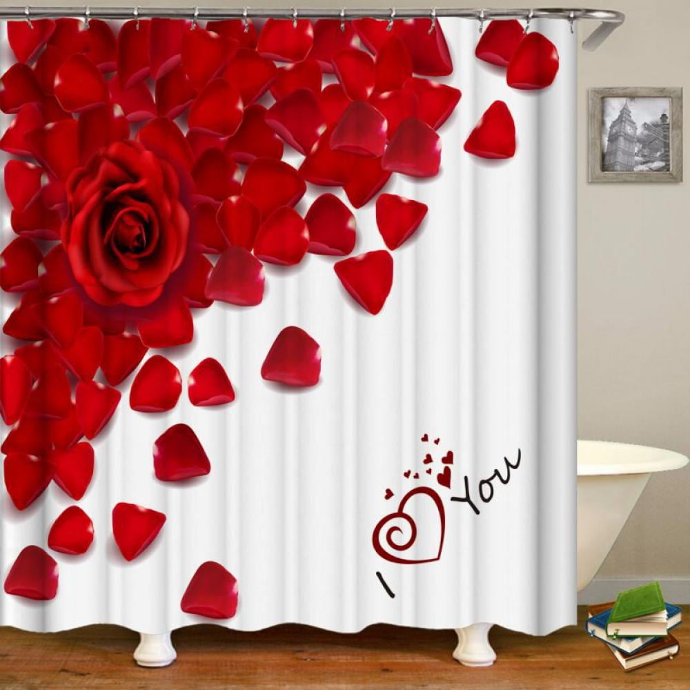 Bathroom Mat Set Shower Curtain Liner Red Rose Waterproof Fabric Valentine's Day 
