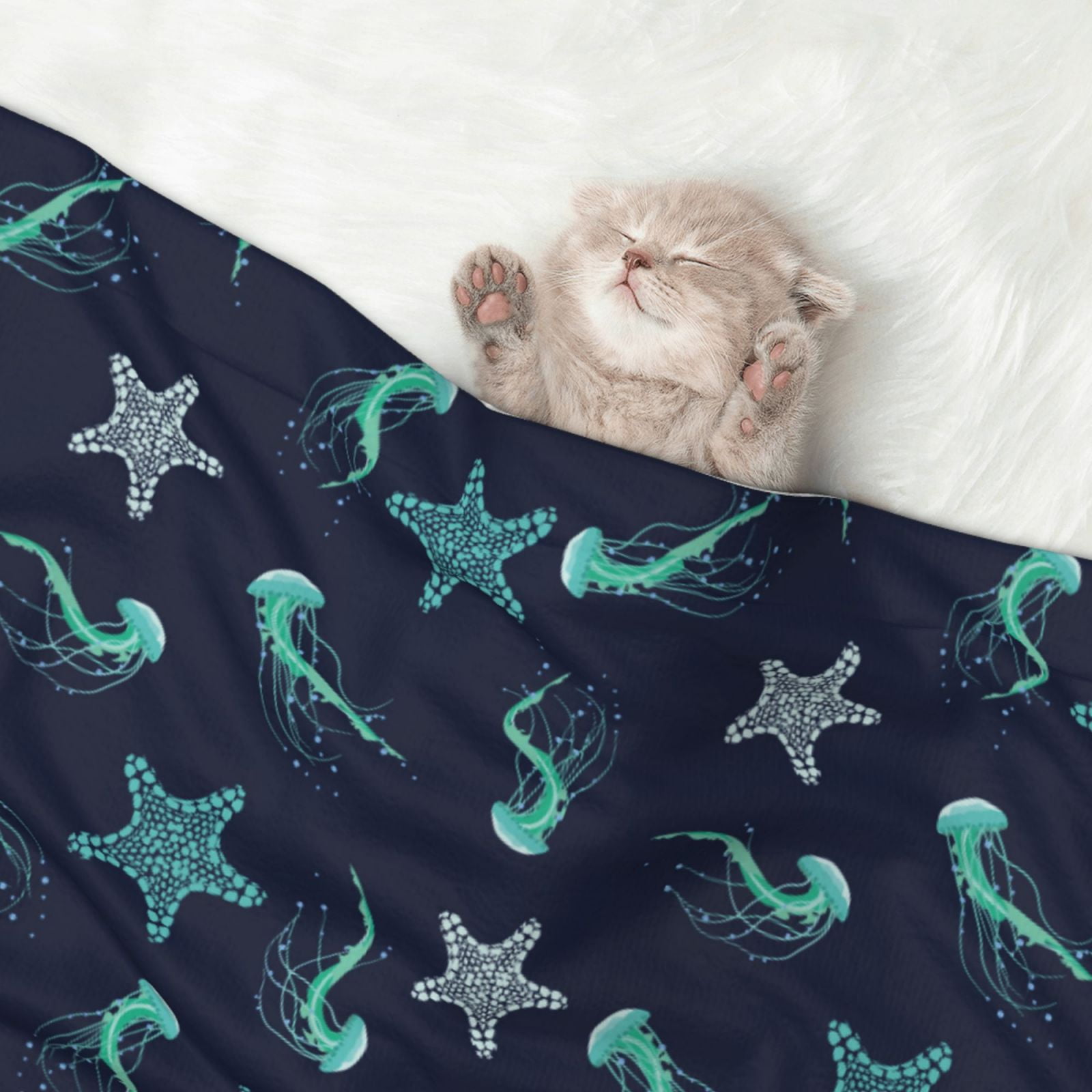Naloa Ice Blue Starfish and Jellyfish Dog Blanket, 3 Sizes Cat Blanket for Indoor Cats Large Medium Small Dog Gifts-