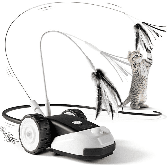 New 3-in-1 Interactive Cat Toy - 2-Speed Automatic Moving Mouse Cat Toys Self Play with 2pcs Hanging Feather String Ribbon and Wiggly Silicone Mice Tail for Bored Indoor Adult Cats Kittens(Gray)