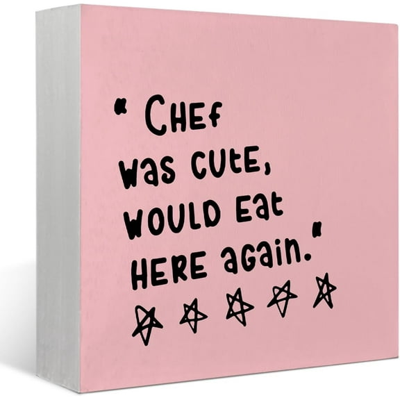 Pink Kitchen Sign Decor, Chef Was Cute Would Eat Here Again Sign, Cute Funny Kitchen Decor, Rustic Wood Box Sign Block Plaque For Home Kitchen Dining Room Shelf Table Coffee Bar Decor, 5x5