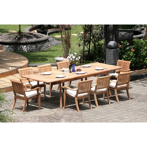 9-Piece Teak Dining Set: 117" Rectangle Extendable Table   8 Arbor Stacking Arm Chairs