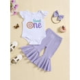 thumbnail image 2 of Suealasg 3Pcs Baby Girl 1st Birthday Outfits Clothes Fly Sleeve Letter Rainbow Print Romper + Flare Pants+ Headband Set 6M 12M 18M Summer Clothing for Newborn Girl, 2 of 9