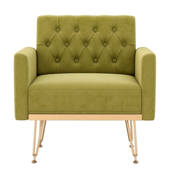 S-HOME Modern Velvet Armchair Single Sofa in Gold Legs and Tufted Design for Living Room or Bedroom, Green
