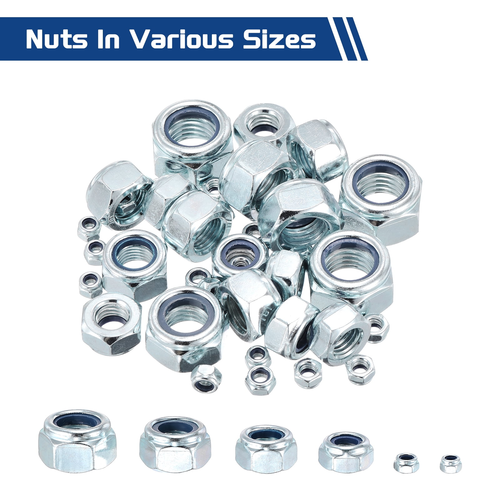 150Pcs Nylon Lock Nuts Kit [#10,1/4"-20,1/4"-28,5/16",3/8",1/2"] Carbon steel Hardware Nuts, bluish white, for Automotive, Aerospace, Industrial Applications  Use