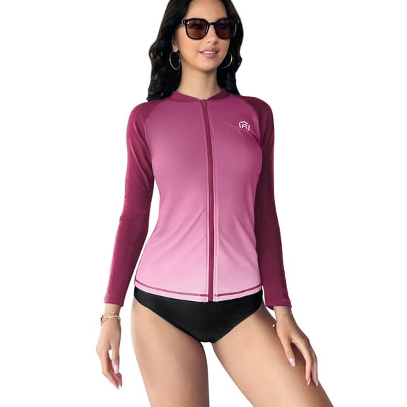 Alove Women Long Sleeve Zipper Gradient Rash Guard Plus Size Swimwear Crew Neck Swimsuit UPF 50  S-3X