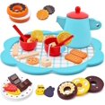 thumbnail image 1 of Juego de té de madera de 33 piezas para niñas pequeñas, juegos de fiesta de té de juguete, accesorios de cocina para niños, juego lindo, comida, regalo de cumpleaños (azul), 1 of 5