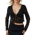 thumbnail image 3 of Women T-shirt, Elegant Long Sleeve Tie-up Lace Tops See-through Crop Top Fall Clubwear, 3 of 10