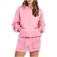 thumbnail image 2 of IROINNID Survêtement pour Femmes Ensemble 2 Pcs Réduit Décontracté à Capuche à Cordon de Serrage Manches Longues Chandail en Molleton avec Poche et Shorts Ensemble Jogging, Rose, 2 of 5