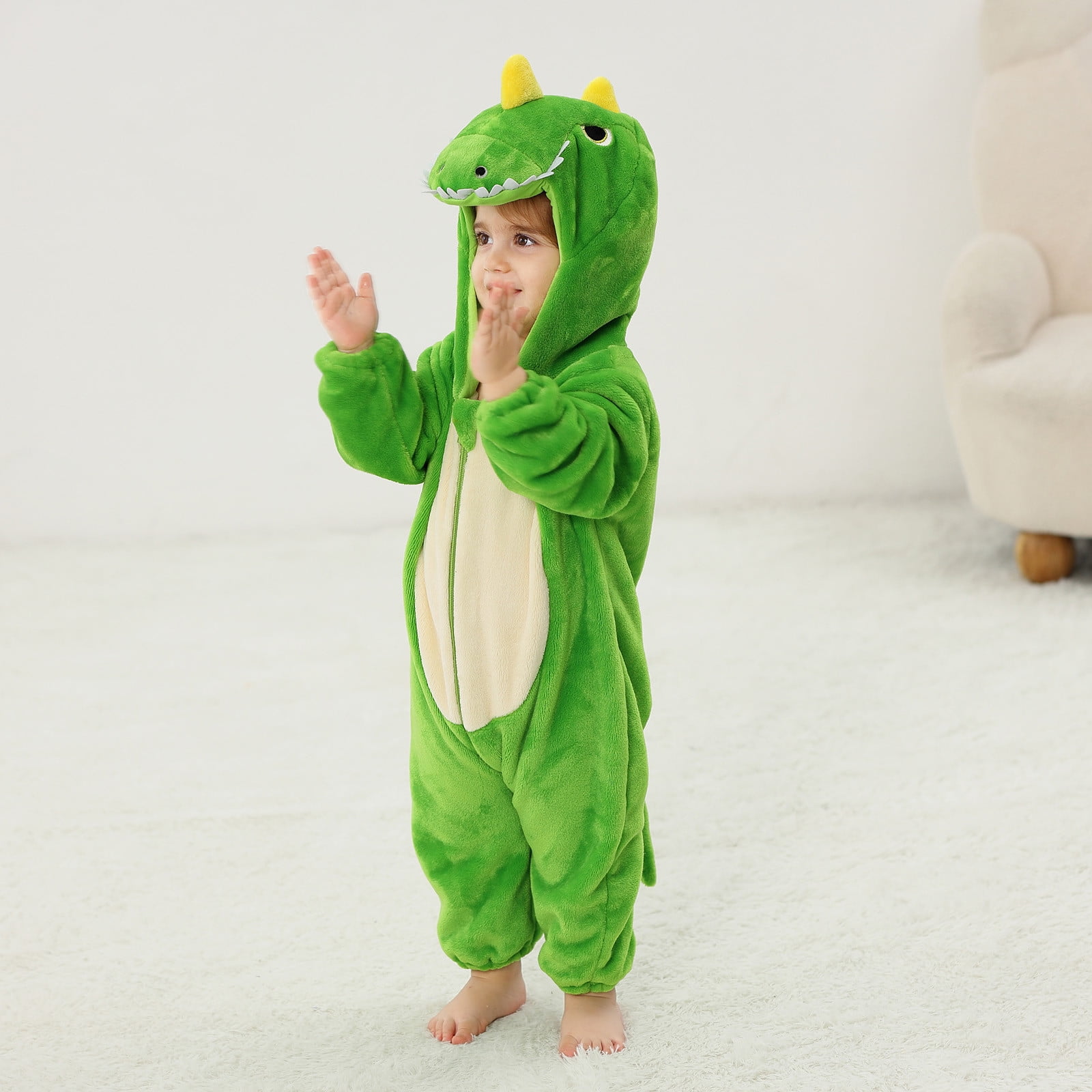 FFENYAN Cute Green Dinosaur Baby Onesie Long Sleeve Flannel Romper Unisex Soft Cozy Outfit for Infants Perfect for Playdates and Everyday Wear for 3 Months-3 Years
