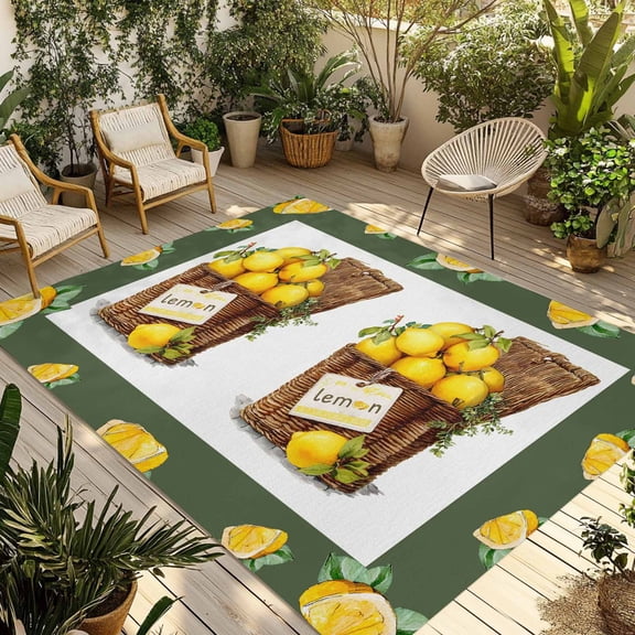 Lemon Basket Summer Outdoor Rug for Patio/Deck/Porch, Non-Slip Large Area Rug 3 x 5 Ft, Farmhouse Vintage Green Lace Indoor Outdoor Rugs Washable Area Rugs, Reversible Camping Rug Carpet Runner