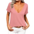 thumbnail image 3 of Women's Casual Fashion Solid Color V Neck Short Sleeve Blouse Shirt Top Lightweight Breathable Summer Vacation | CSEONE,Pink L, 3 of 9