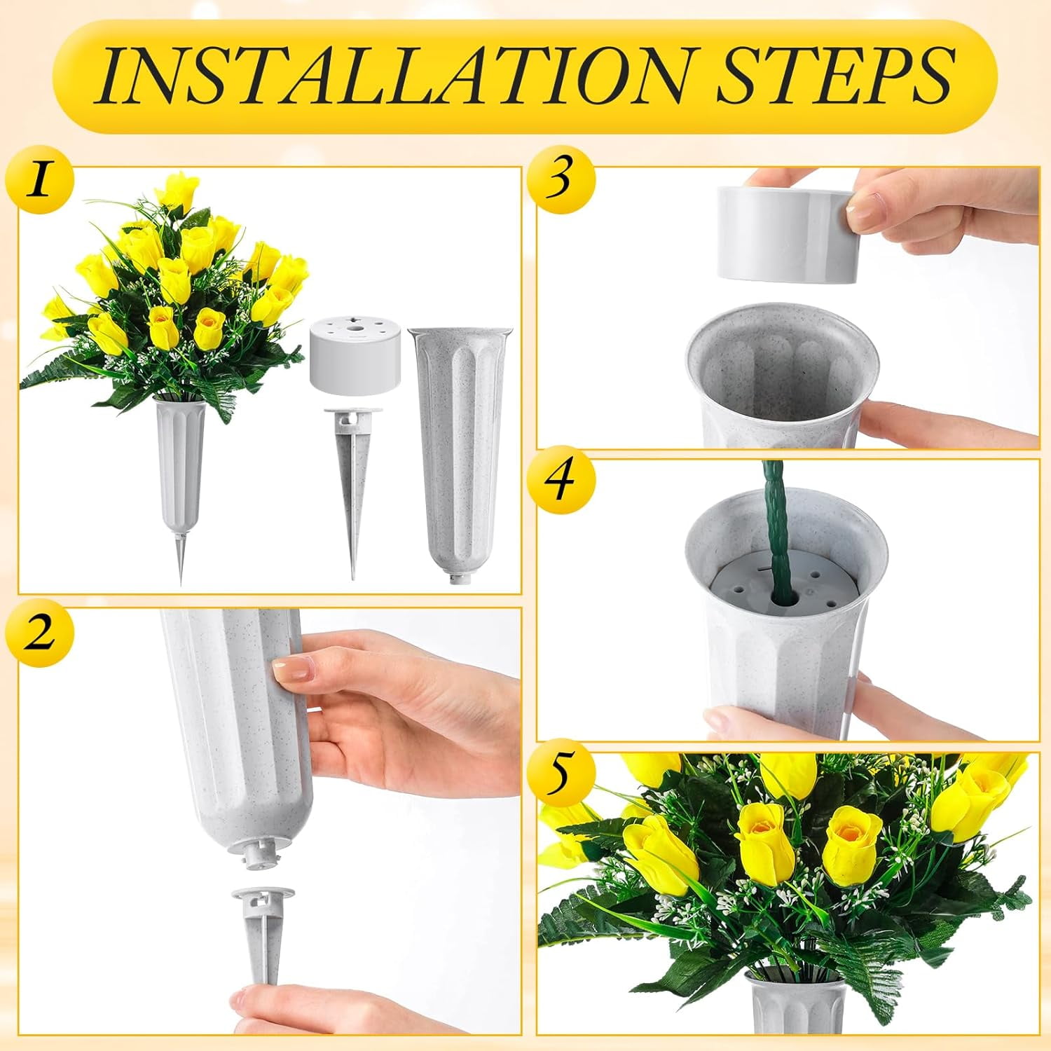 Cemetery Flowers for Grave 96 Heads Artificial Rose Bouquet Arrangement with Vase Silk Memorial Flowers for Christmas Memorial Day(Yellow)