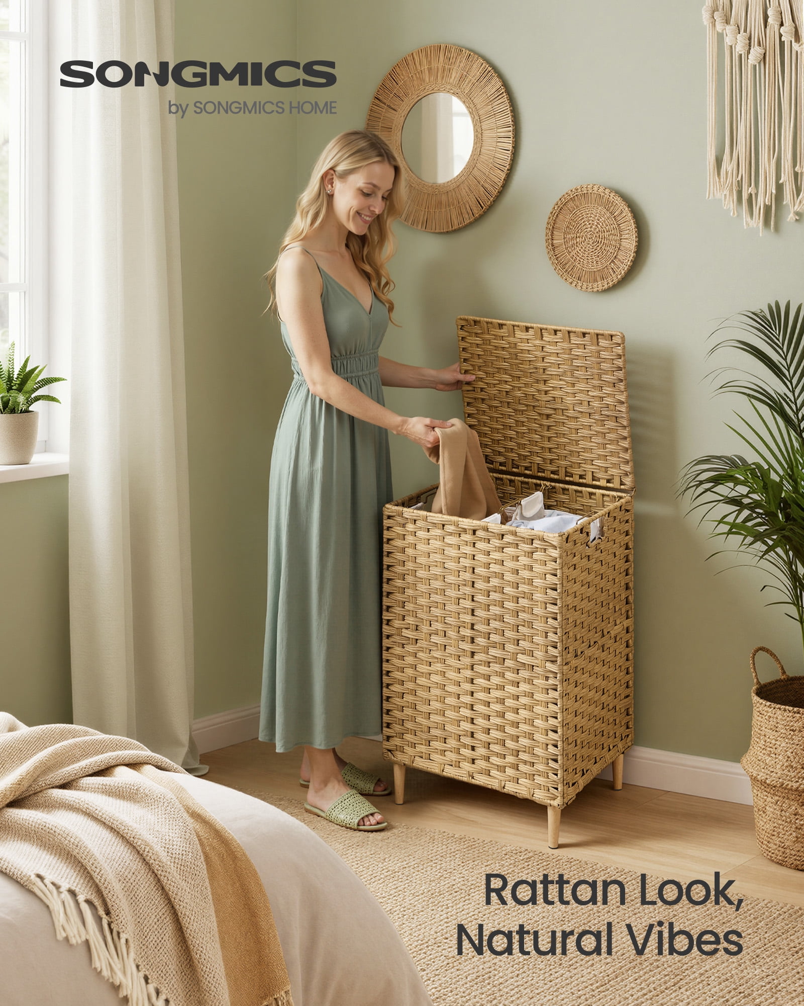 SONGMICS Laundry Hamper with Lid, PE Rattan,with Removable Liner, Storage Basket, 2-Section Sorter, 29 Gallons (110 L), Goose Yellow