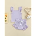 thumbnail image 2 of Gureui Newborn Baby Girl Summer Clothes Set Solid Color Sleeveless Ruffle Ribbed Knitted Tank Top Shorts Set, 2 of 9