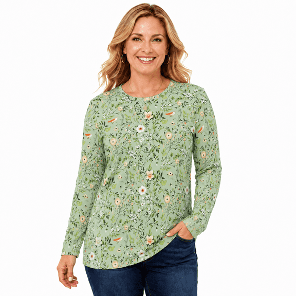 Women's Long Sleeve Floral Print Casual Tunic Top Crew Neck Blouse