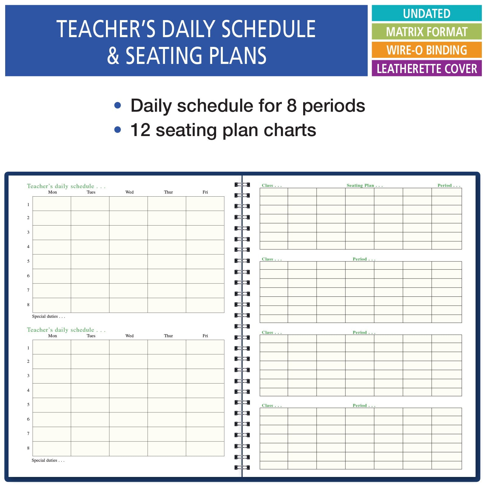 8 Period Teacher Undated Weekly Lesson Plan Book by Elan Publishing Company, 8.5" x 11", Days Vertically Down the Side (W208)