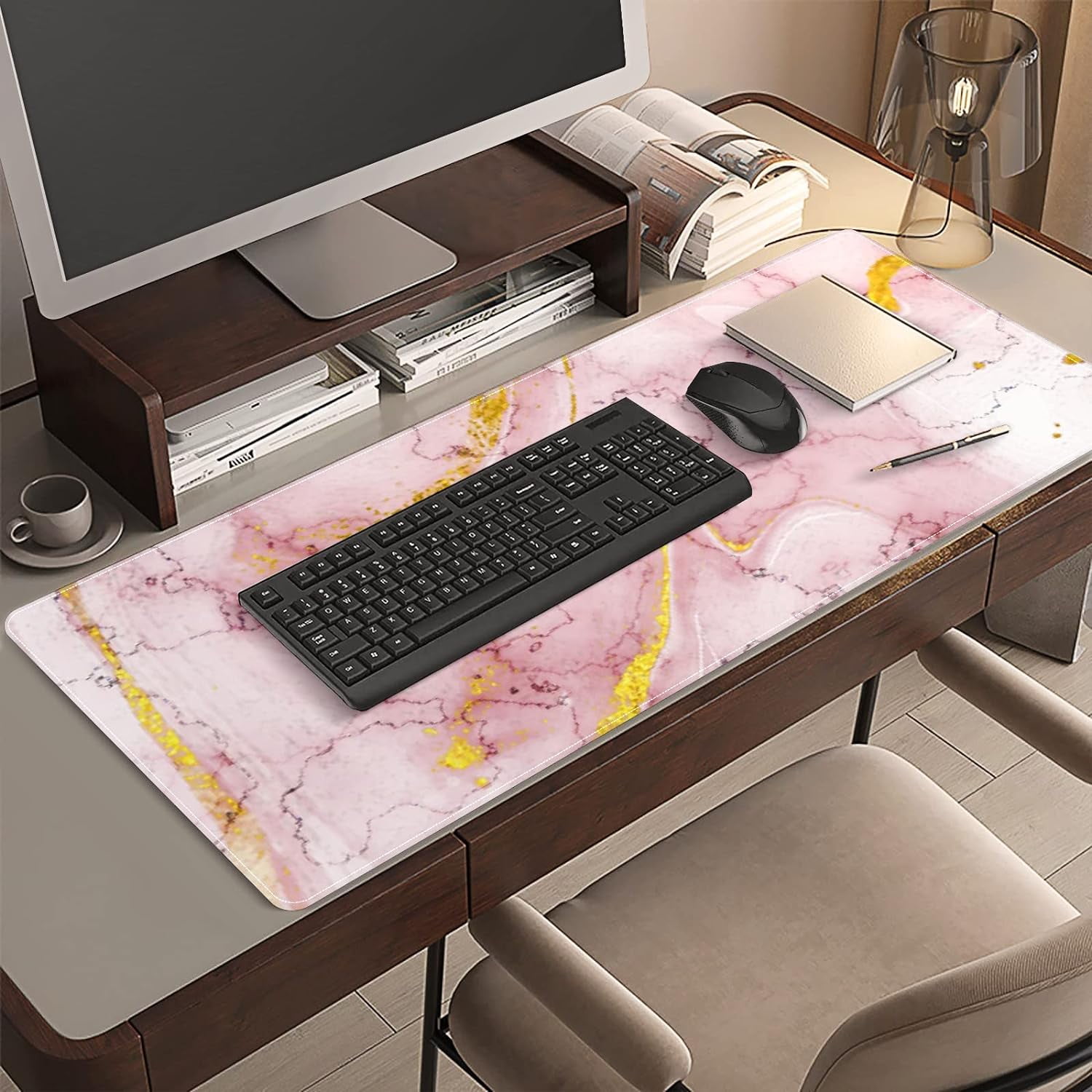 Pink Gold Marble Desk Mat, Desk Accessory, Cute Workspace, Trendy Workspace, Trendy, 35.4x15.7in Large Gaming Mouse Pad, Cute Desk Topper, Pretty Desk Pad