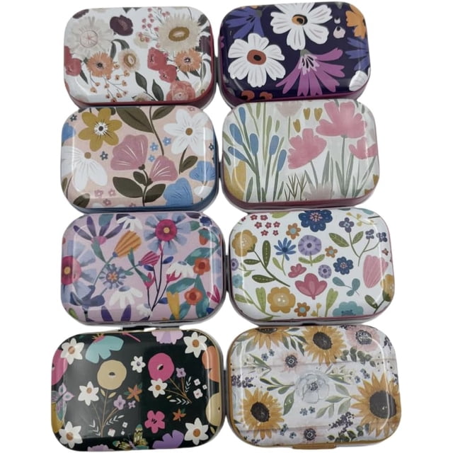 RSACCSKY 8Pcs Metal Hinged Tin Box Container Daisy Floral Farmhouse Rustic Mini Portable Small Storage Container Kit with Lid for Home Storage 2.1x1.5x1 Inch (Pastel)