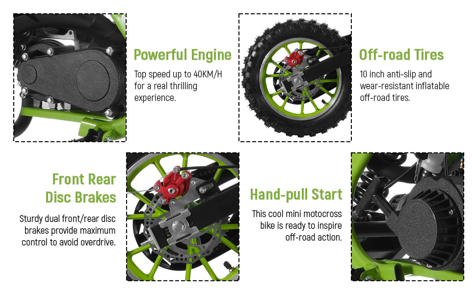 Mohsoe 49CC Pro Gas Mini Motocross Bike, 10" Off-Road Tires & Upgraded Braking, 11" Ground Clearance, Advanced Riding, Green