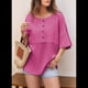 thumbnail image 4 of Blusas de Punto Gofre para Mujer, Moda 2025, Blusas de Patchwork Extragrandes con Cuello Redondo y Mangas 3/4, Color Rosa y Rojo XL, 4 of 6
