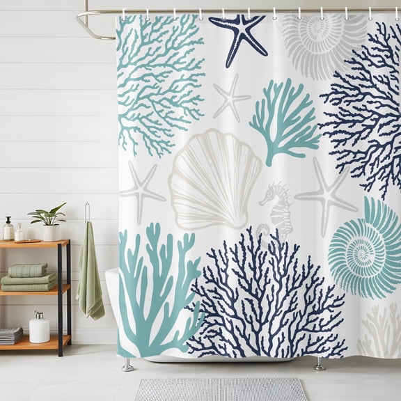 Teal Navy Blue Coastal Shower Curtains for Bathroom, Summer Beach Coral Shell Ocean Waterproof Fabric Shower Curtain, Decorative Bathroom Curtain for Bathtub, 72"x78" , No Hooks Included