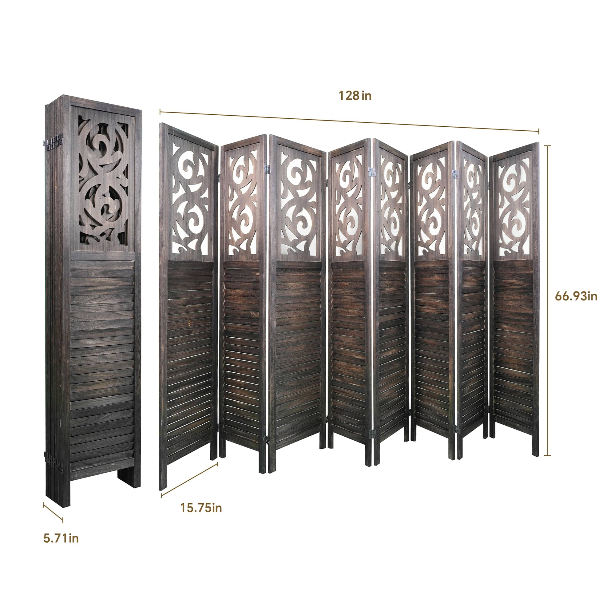 MAYEERTY 8 Panel Freestanding Room Dividers, 6FT Carved Wood Folding Privacy Screens, Rustic Brown