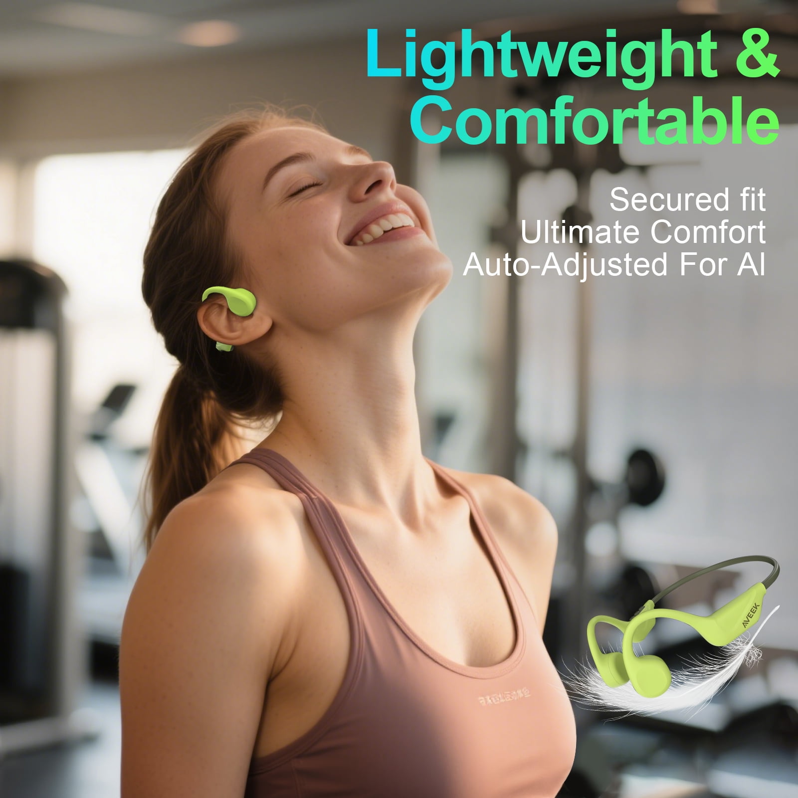 Aveek Bone Conduction Earphones, Open-Ear Wireless Headphones, Bluetooth 5.4 with Microphone, 10H Battery for Running,Cycling,Outdoors,Green