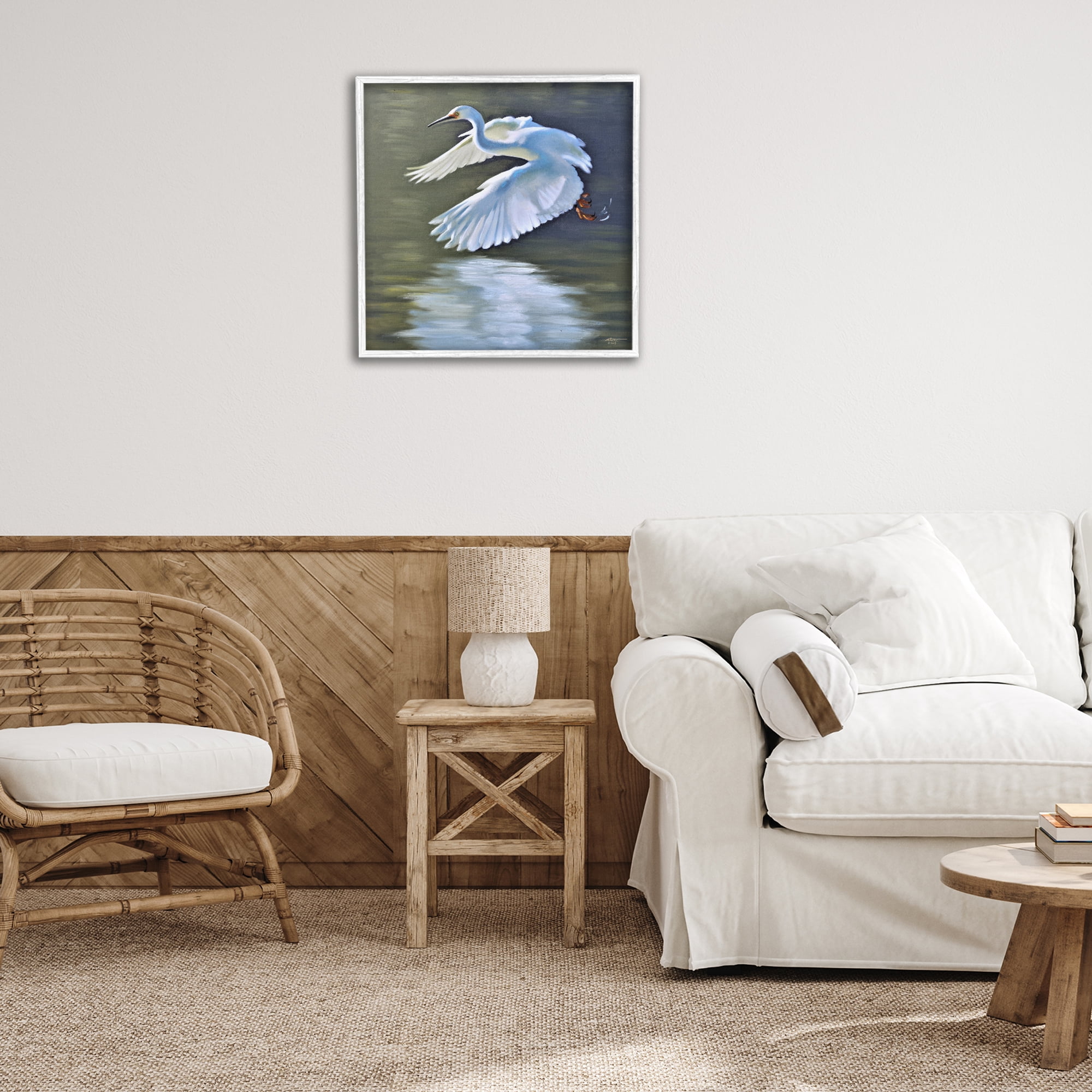 Stupell Industries Egret Flying Lake Surface Animals & Insects Painting White Framed Art Print Wall Art, 24 x 24