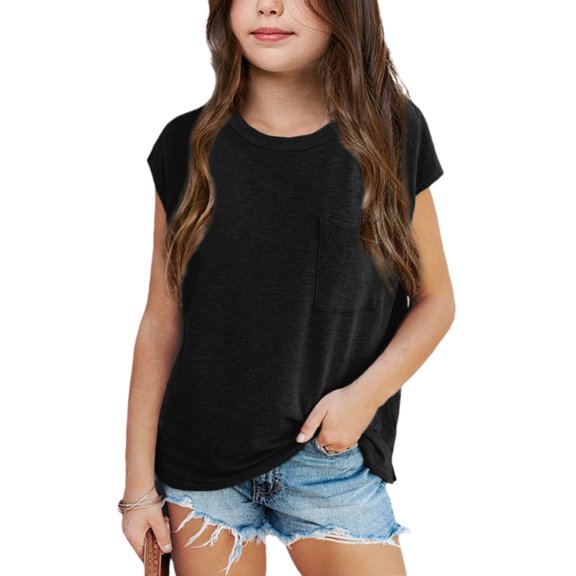 Girls Short Sleeved Round Neck Casual T-Shirt Kids Children Summer Tops With Pocket